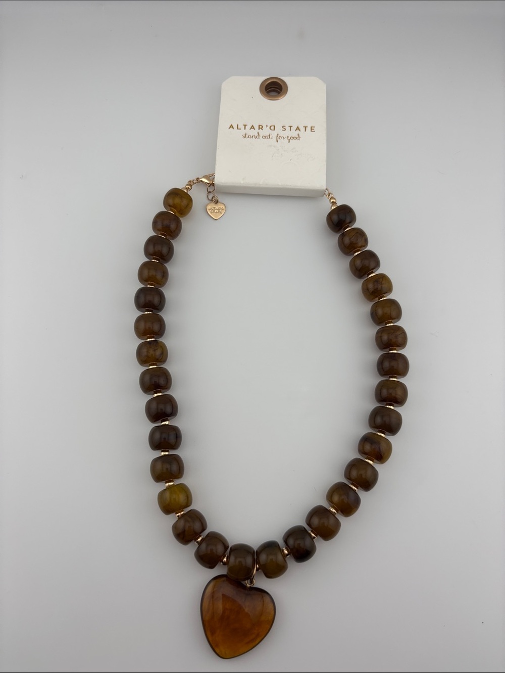 Altar'd State Amber Brown Beaded Necklace with Heart Pendant